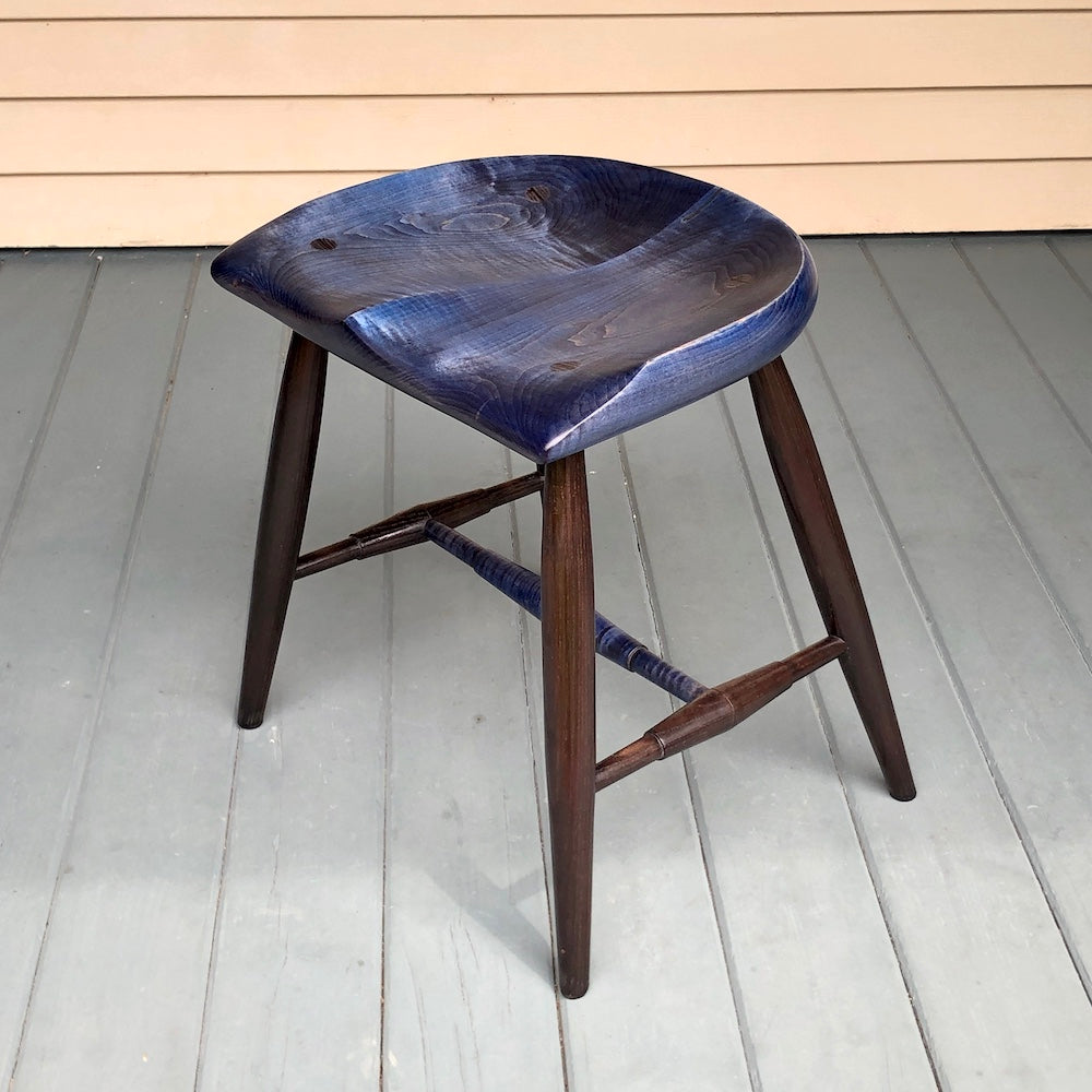 18" Tiger Maple Stool with Horseshoe seat - Blue and Black.