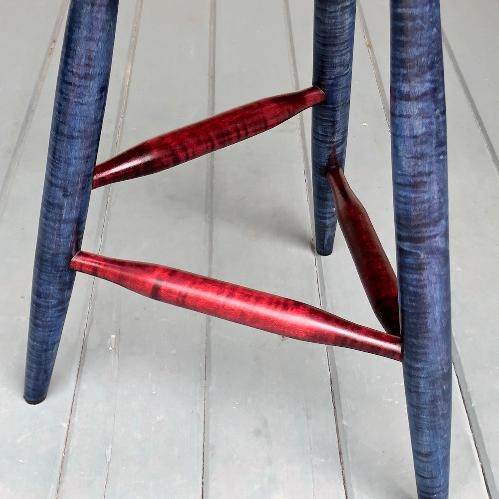 22" Tripod Stool, Tiger Maple - Blue/Red Wine - one is ready to ship
