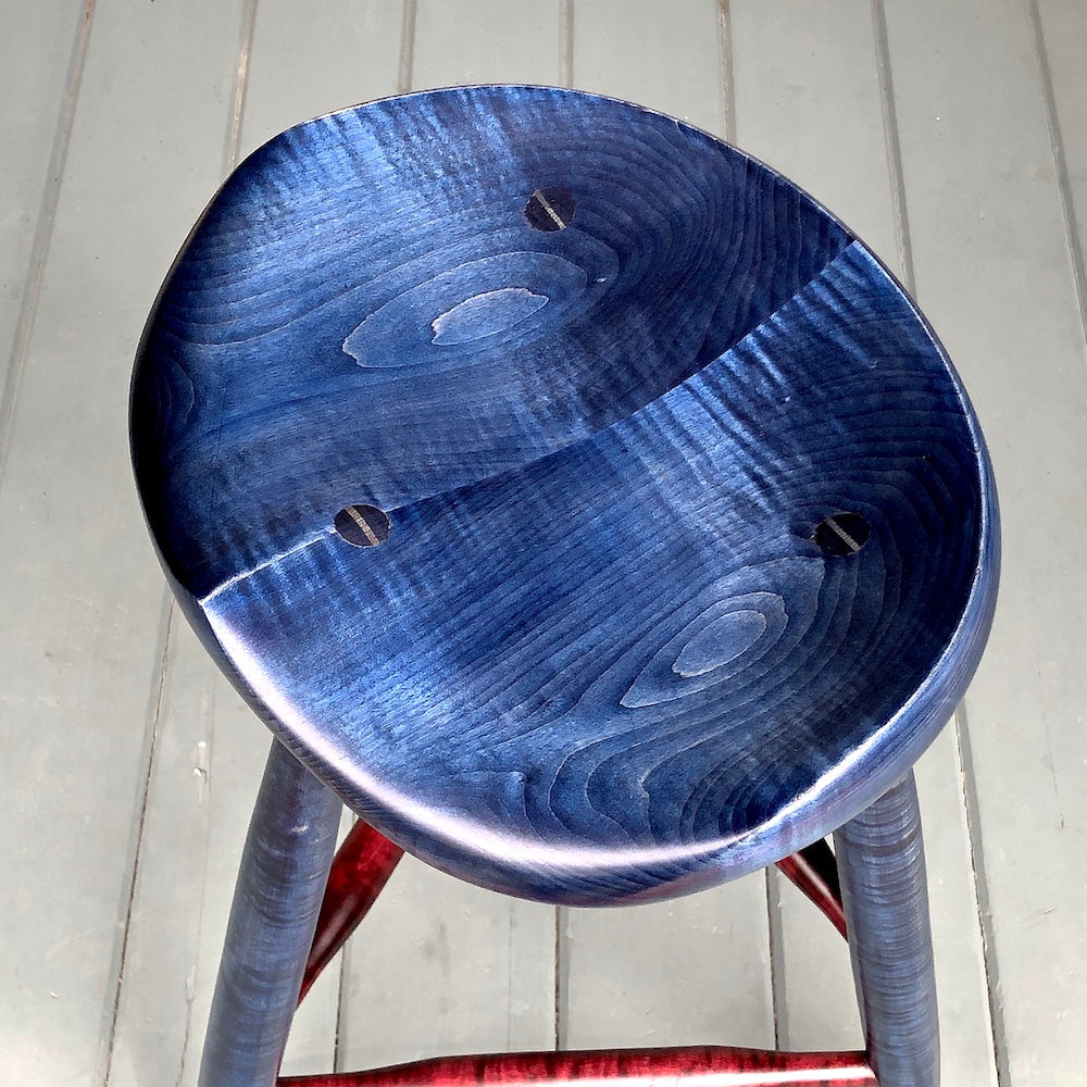 22" Tripod Stool, Tiger Maple - Blue/Red Wine - one is ready to ship