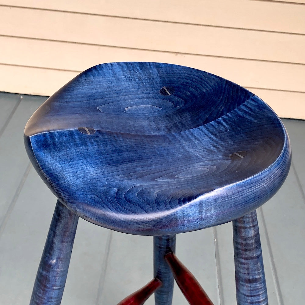 22" Tripod Stool, Tiger Maple - Blue/Red Wine - one is ready to ship