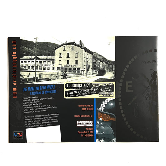 Back cover page of the Aviator Goggle by Leon Jeantet catalog, brochure. Aviator Goggles, Classic Goggles.