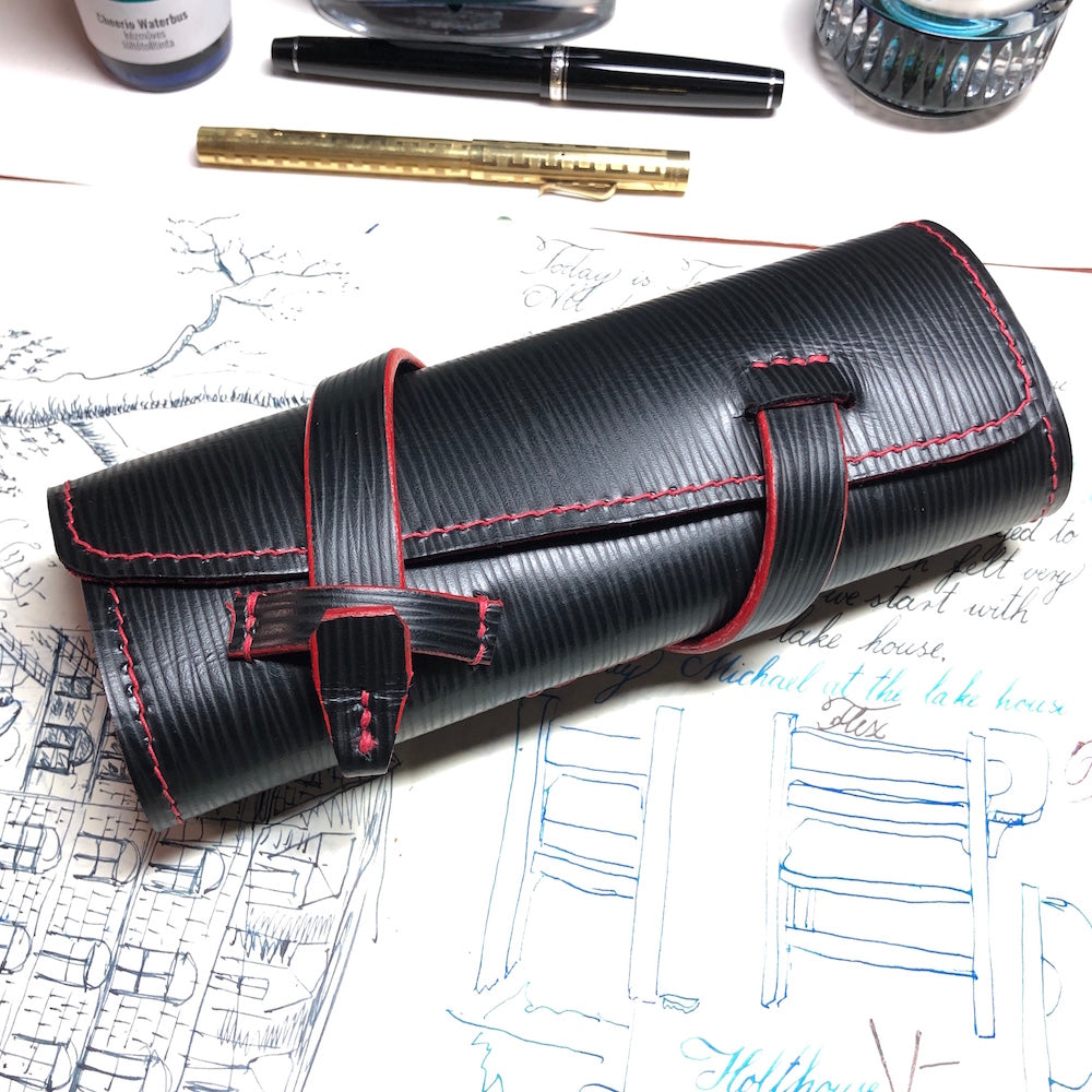 EPI Leather and deerskin Pen Roll, leather pen wrap, Fountain Pen Case for 6 pens. Handmade pen holder.  Black and red leather. 