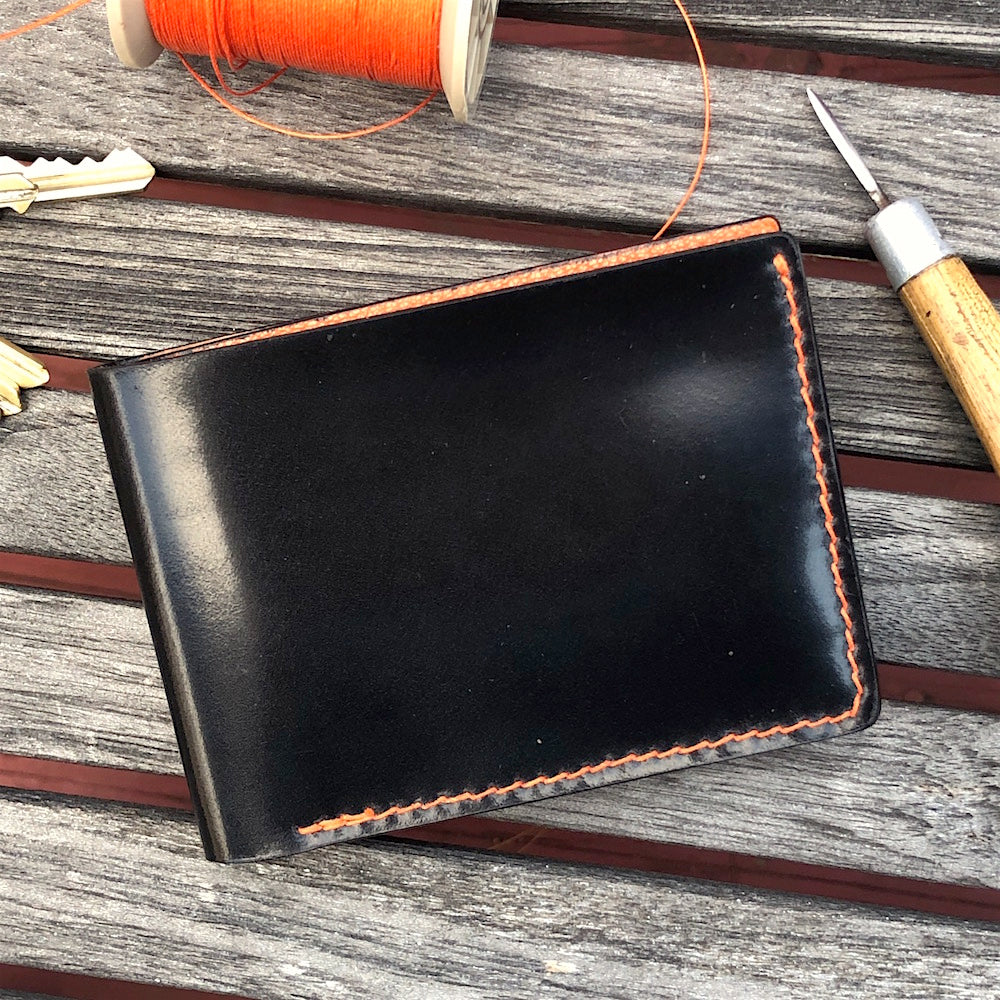 Black Cordovan, Orange goat skin  leather wallet with card slots and money pocket.