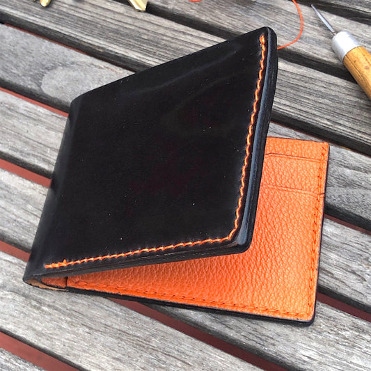 Cordovan Leather wallet, billfold.Black Cordovan, Orange goat skin  leather wallet with card slots and money pocket.