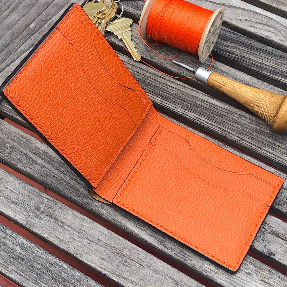 Black Cordovan, Orange goat skin  leather wallet with card slots and money pocket.