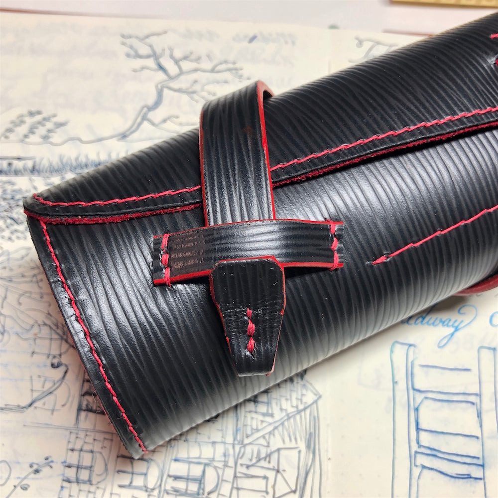 EPI Leather and deerskin Pen Roll, leather pen wrap, Fountain Pen Case for 6 pens. Handmade pen holder.
