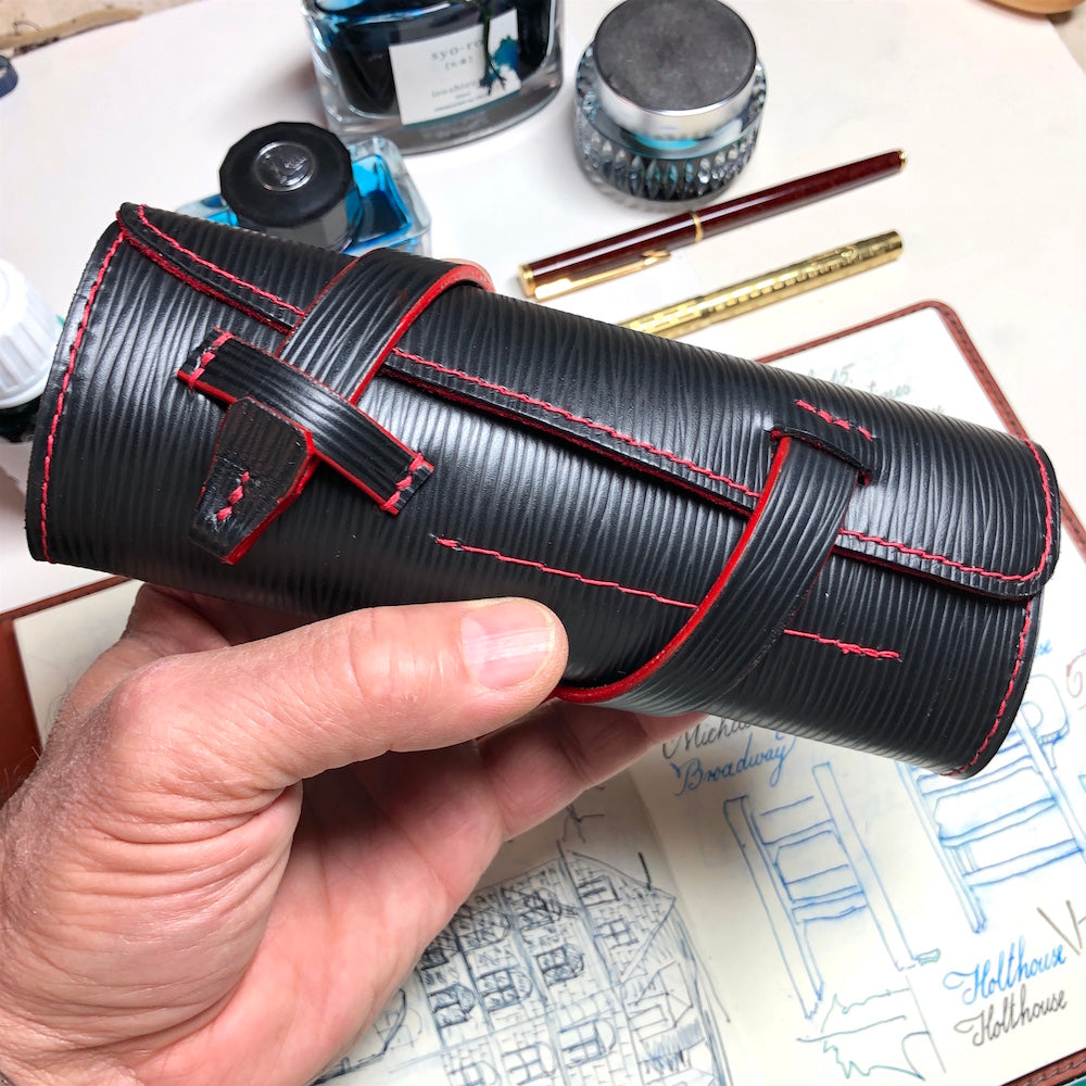 EPI Leather and deerskin Pen Roll, leather pen wrap, Fountain Pen Case for 6 pens. Handmade pen holder.  Black and red leather.