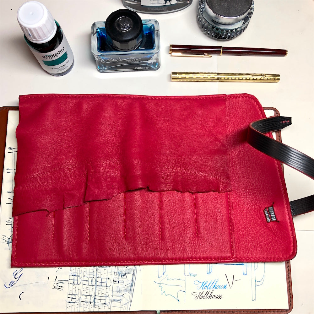 EPI Leather and deerskin Pen Roll, leather pen wrap, Fountain Pen Case for 6 pens. Handmade pen holder.  Black and red leather.