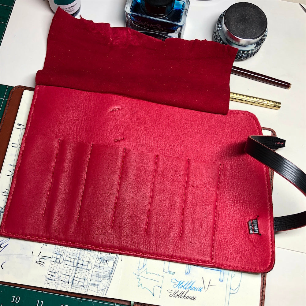 EPI Leather and deerskin Pen Roll, leather pen wrap, Fountain Pen Case for 6 pens. Handmade pen holder. Black and red leather.