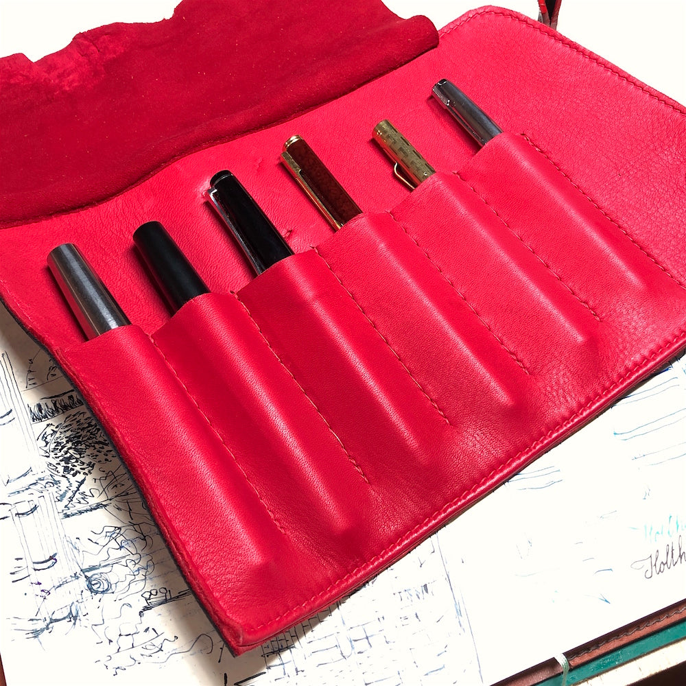 EPI Leather and deerskin Pen Roll, leather pen wrap, Fountain Pen Case for 6 pens. Handmade pen holder.  Black and red leather.
