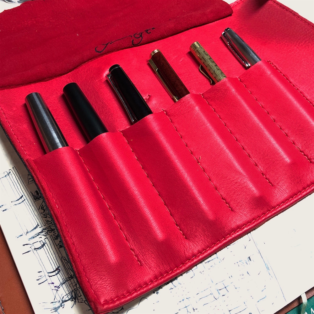 Leather Pen Roll, Leather Pen Case for 6 pens. 