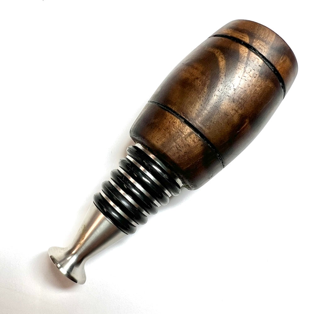 Bottle Stopper - Handmade Self Standing Stainless Steel and Wood, Wine/Whiskey/Bourbon/Liquor - Barrel Shape