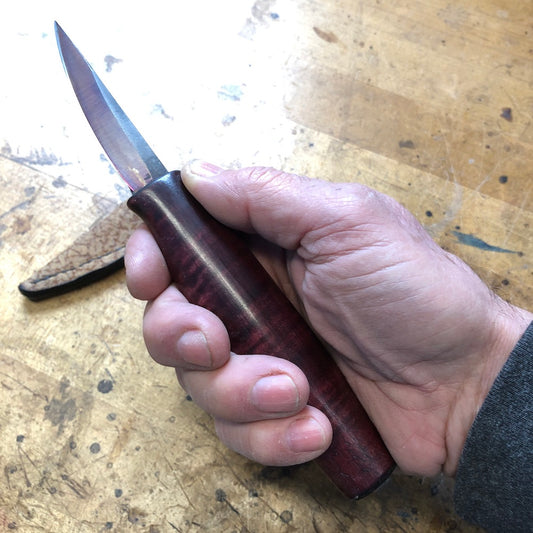 Wood Carving - Sloyd knife Carving knife with hand shaped curly maple handle. Spoon carving knife.