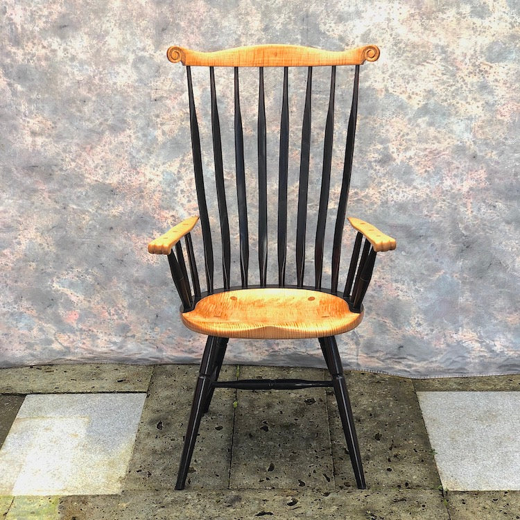 Comb Back Chair, Windsor chair, tiger maple Windsor chair, armchair,