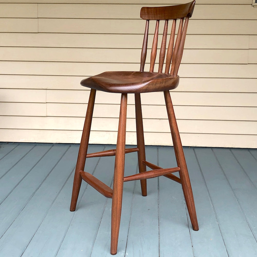 This is a black walnut 25" high stool, +11" back, designed for kitchen counter, kitchen island.
