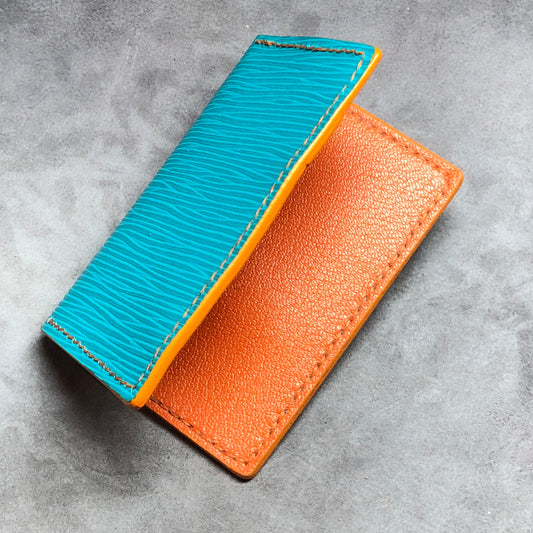 EPI leather luxury wallet, card case with goatskin leather lining, hand stitched, finished edges.