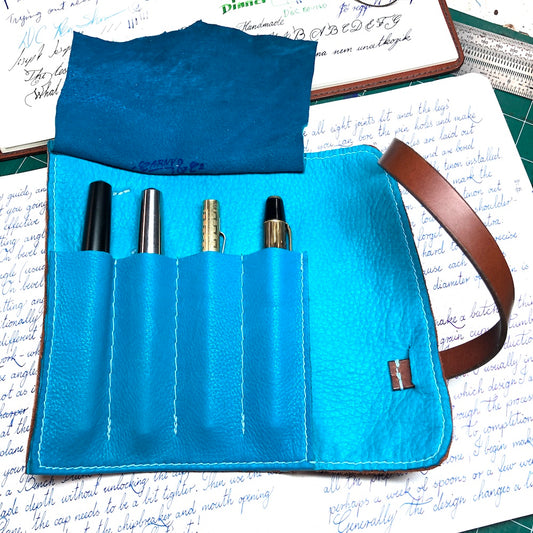 Elk Leather - Chestnut Brown and Blue Pen Roll for 4 or 6 pens