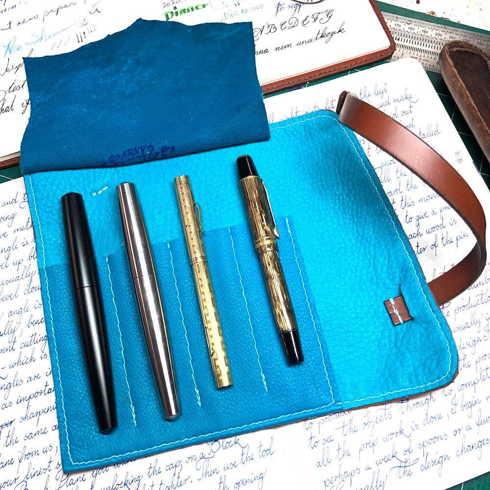 Elk Leather - Chestnut Brown and Blue Pen Roll for 4 or 6 pens