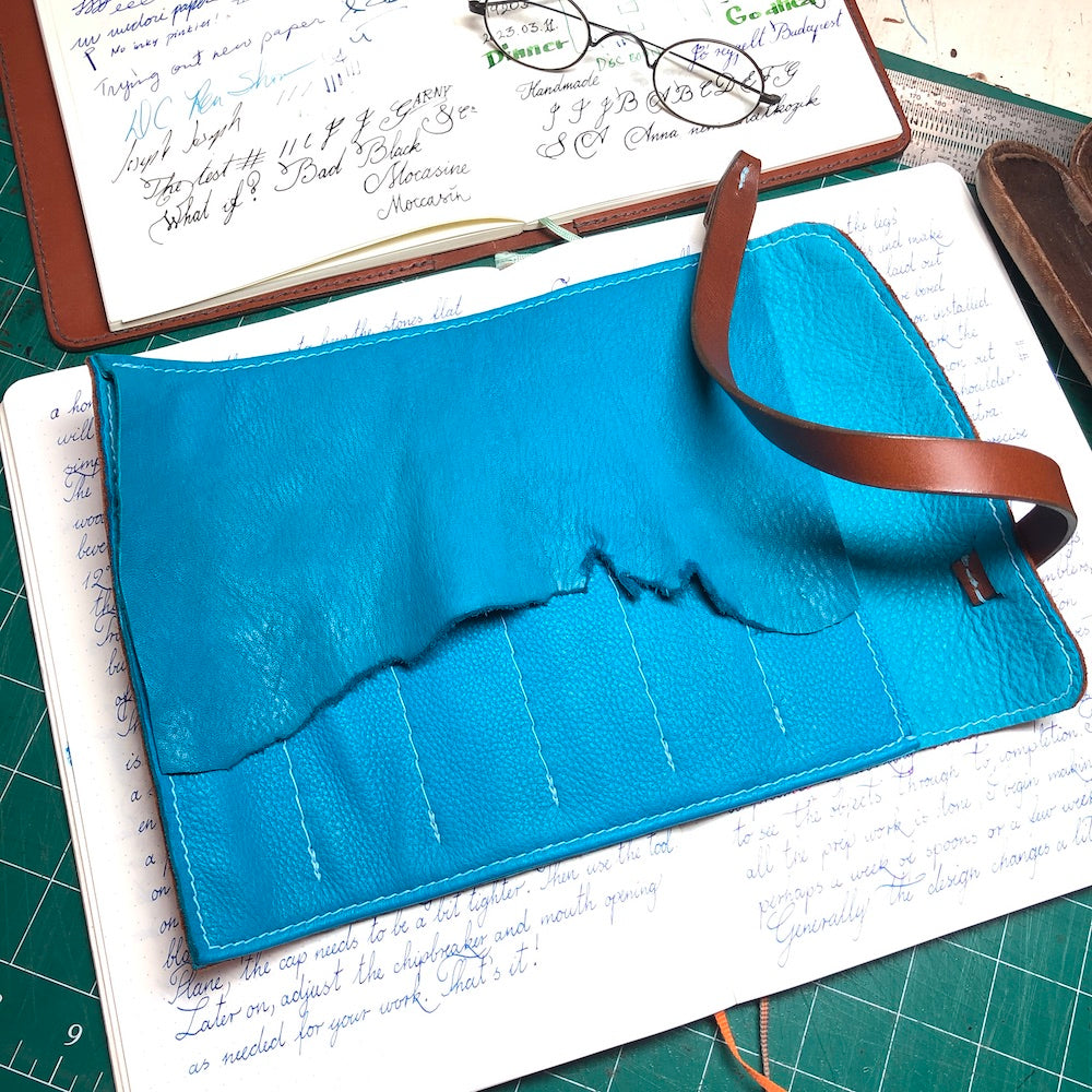 Elk Leather - Chestnut Brown and Blue Pen Roll for 4 or 6 pens