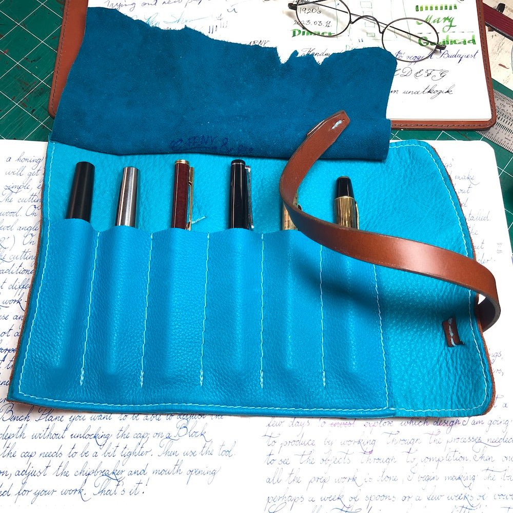 Elk Leather - Chestnut Brown and Blue Pen Roll for 4 or 6 pens