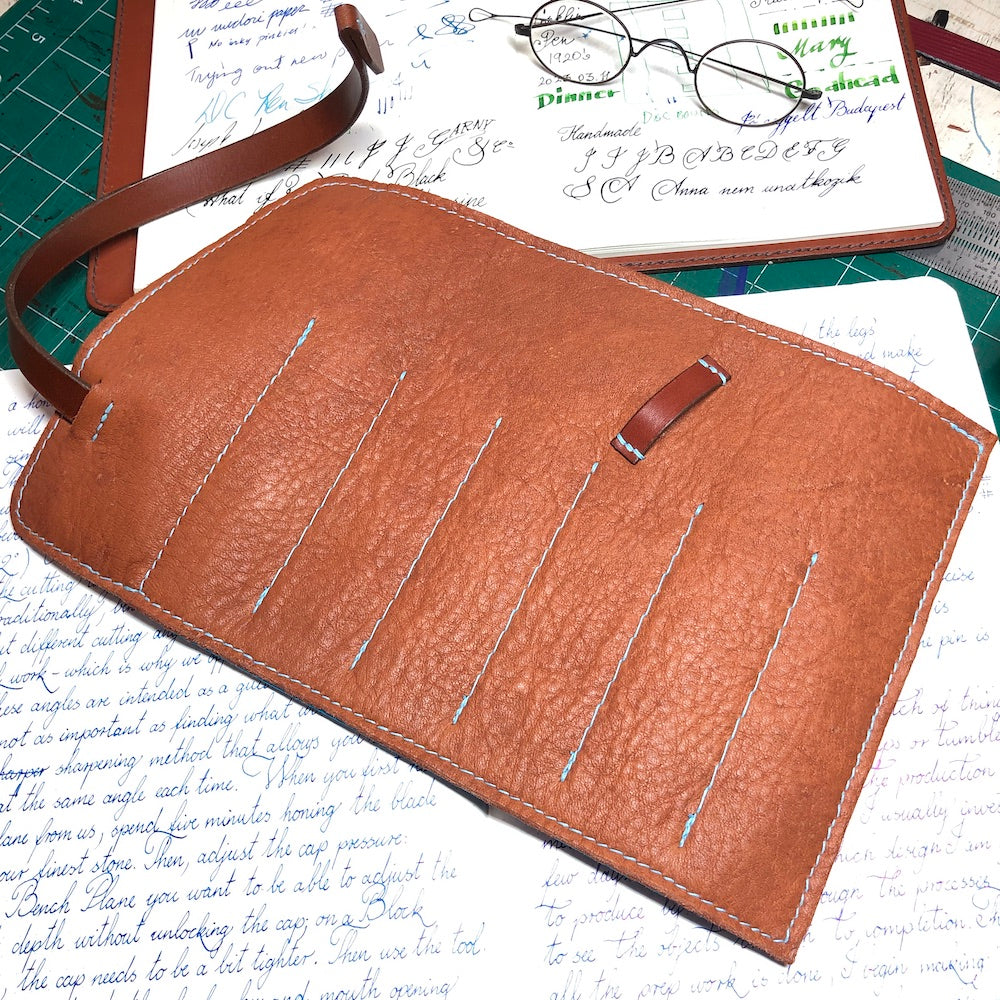 Best handmade pen roll for pens. Elk and deerskin leather pen case. Leather pen wrap. Soft fountain pen case.