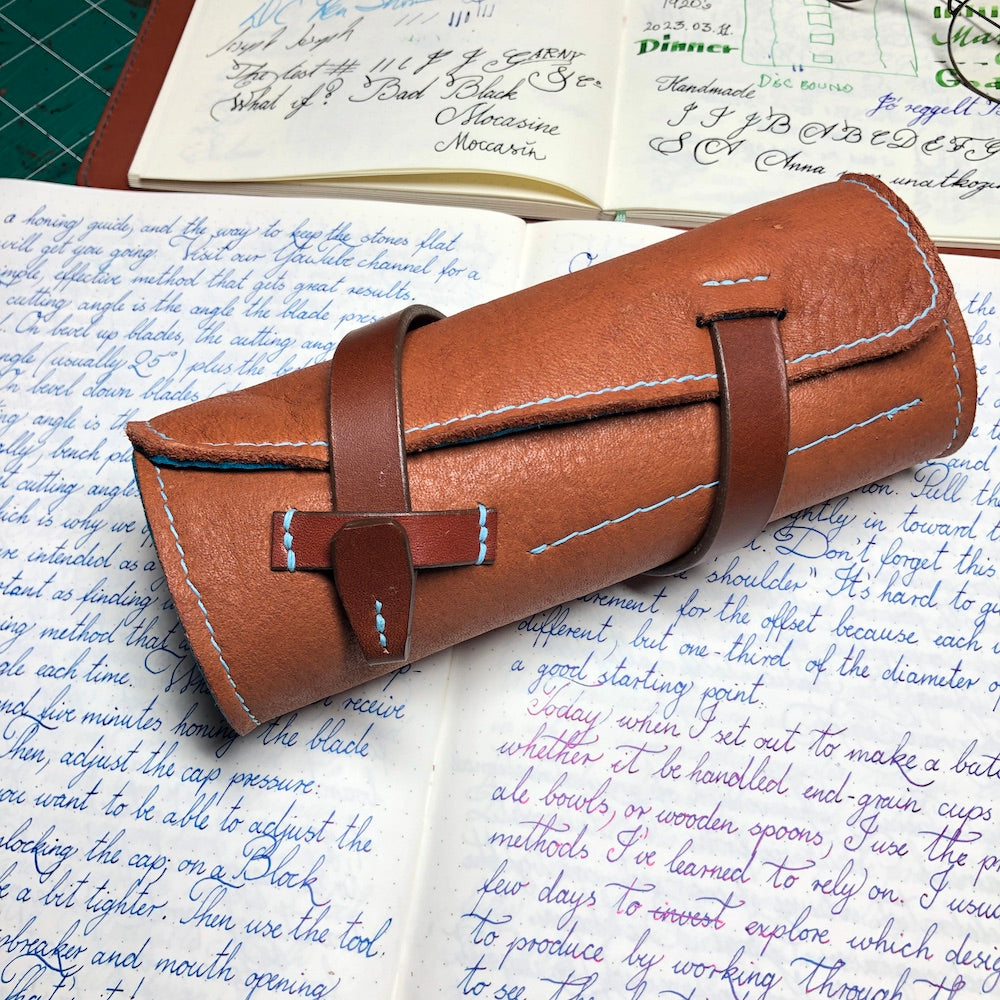 Best handmade pen roll for pens. Elk and deerskin leather pen case. Leather pen wrap. Soft fountain pen case.