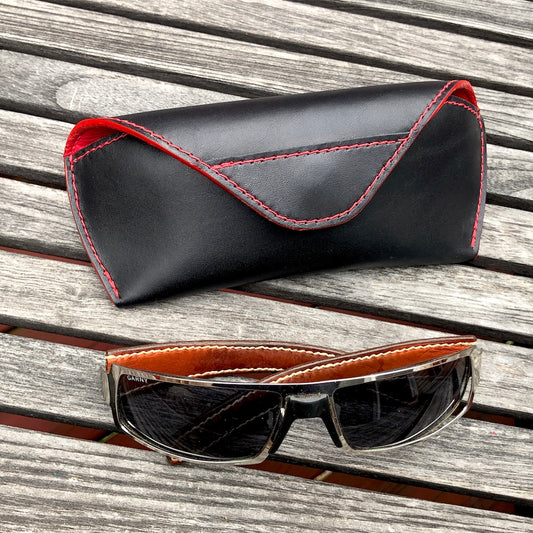 U.S. sourced, saddle stitched cowhide leather case with deerskin lining for prescription eyeglasses and sunglasses. Handcrafted protective case for eyeglasses and sunglasses with magnetic clasp, unisex.