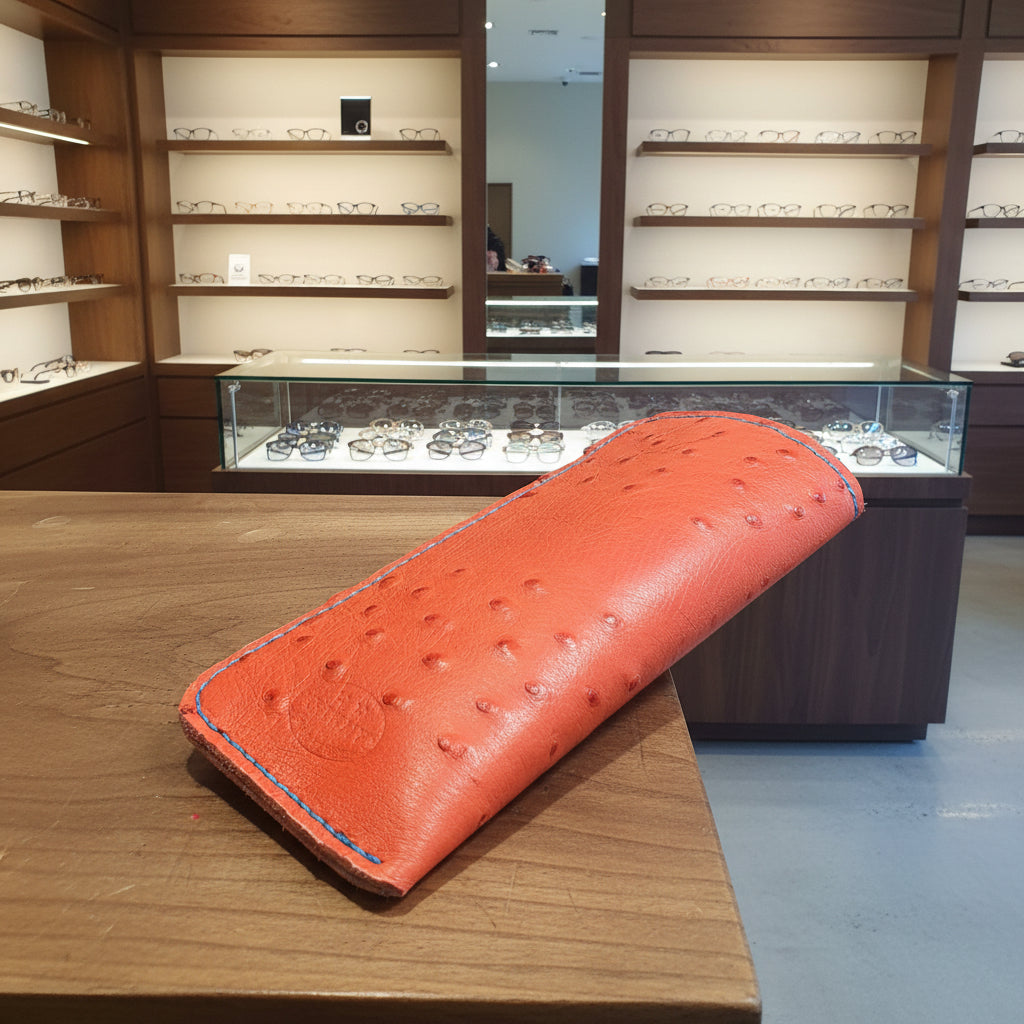 Ostrich leather eyewear case, eyewear sleeve. Paprika red with golden yellow deerskin lining, turquoise stitching.