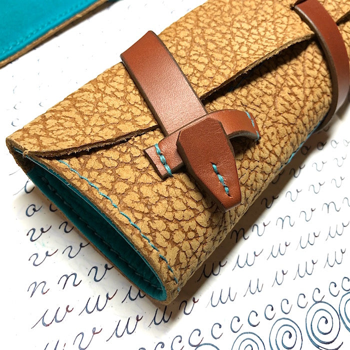 Bison leather fountain pen roll, fountain pen case, pen case for 4 pens.