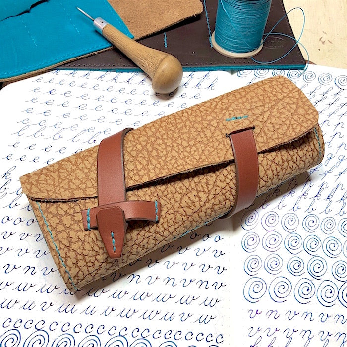 Fountain pen roll for 4 pens. Bison Leather pen case. Handmade leather pen holder.