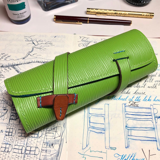 EPI Leather Pen Roll, Pen wrap, Green and Blue for 4 pens