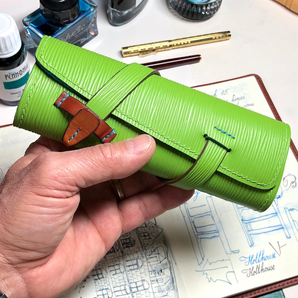 EPI Leather Pen Roll, Pen wrap, Green and Blue for 4 pens