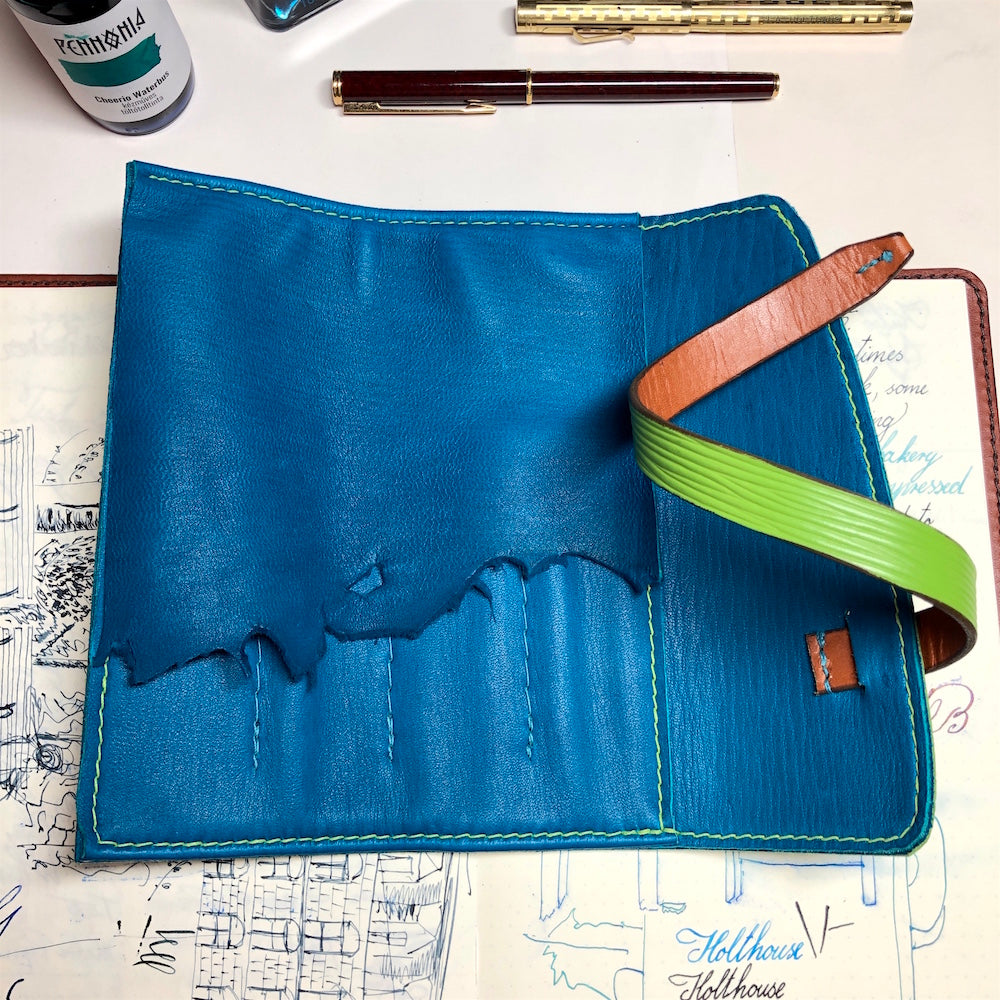 EPI Leather Pen Roll, Pen wrap, Green and Blue for 4 pens