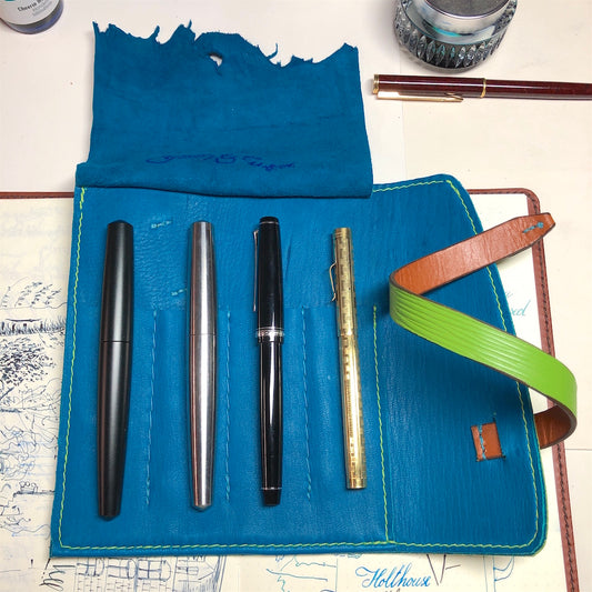 EPI Leather Pen Roll, Pen wrap, Green and Blue for 4 pens