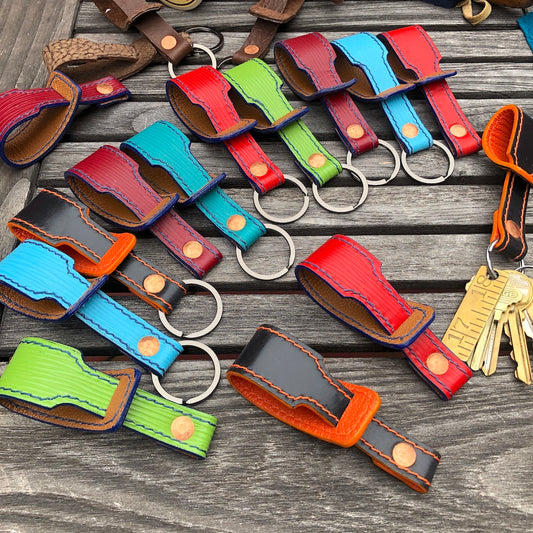 Leather key rings, key fobs, key holders, keychains.