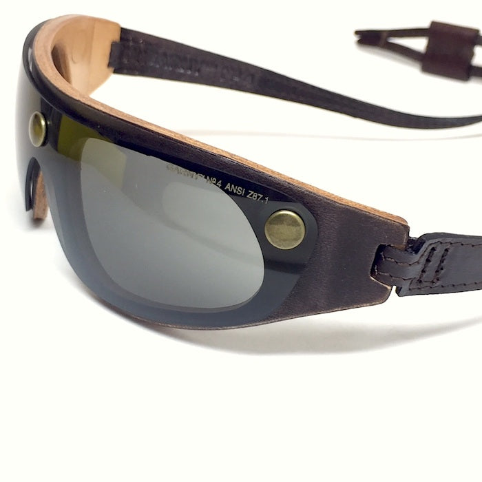 Dark brown leather frame, sunglasses/goggles,