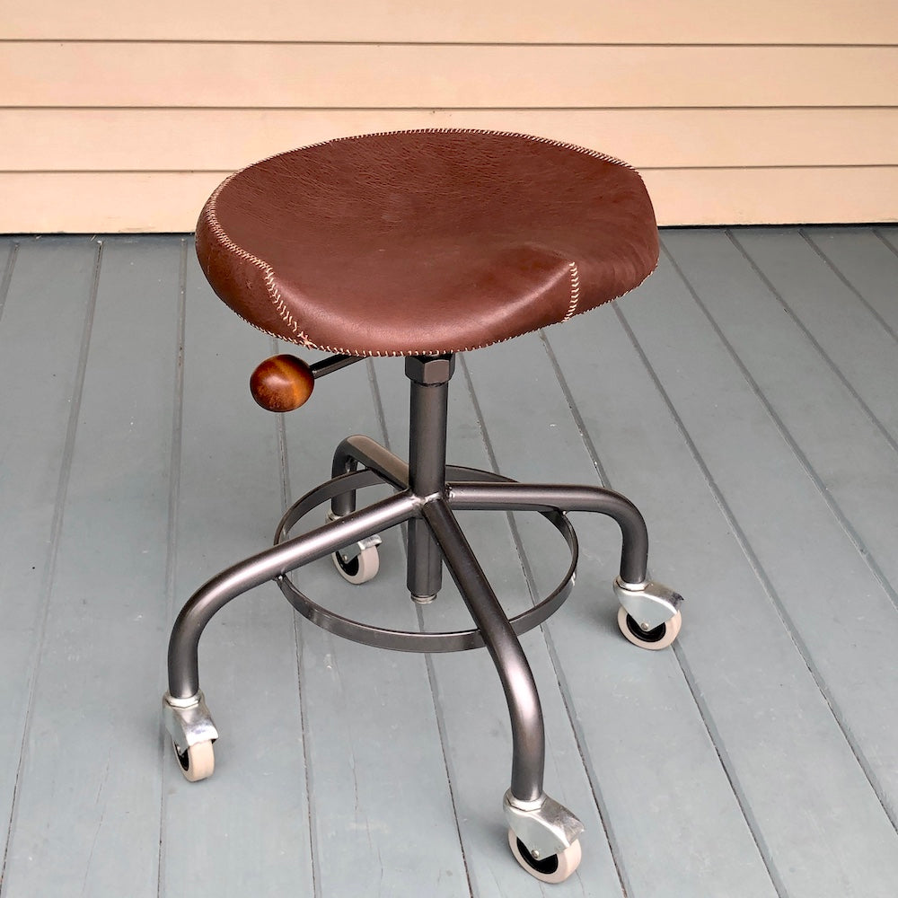 Stool with Metal Base - Hand stitched, leather covered seat.