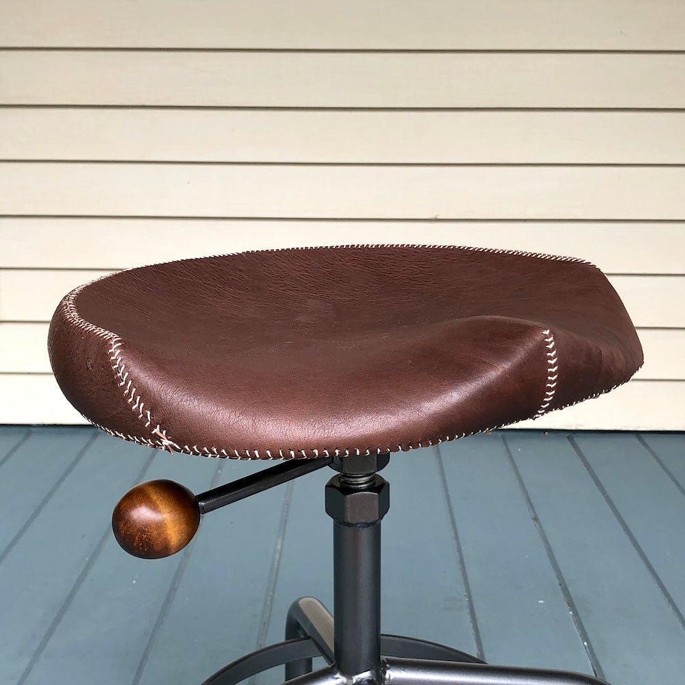 Stool with Metal Base - Hand stitched, leather covered seat.