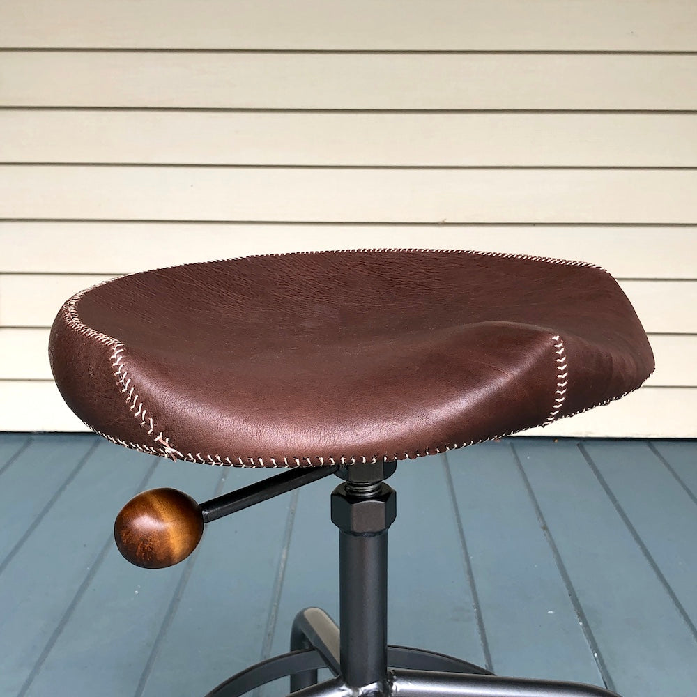Stool with Metal Base - Hand stitched, leather covered seat. 