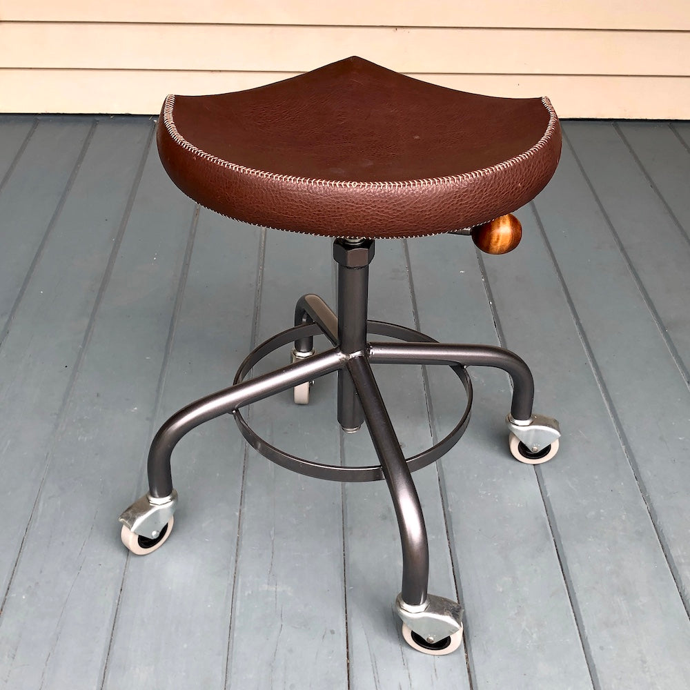 Stool with Metal Base - Hand stitched, leather covered seat.