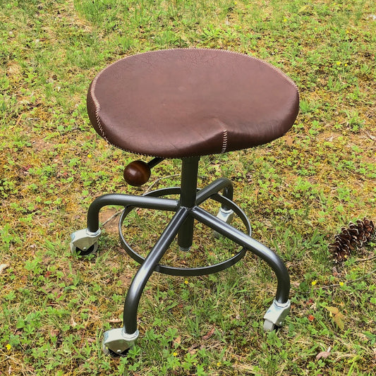 Stool with Metal Base - Hand stitched, leather covered seat. 