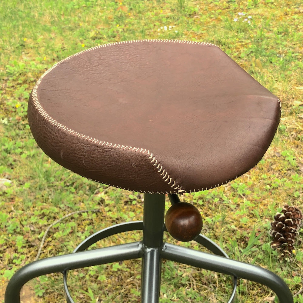 Stool with Metal Base - Hand stitched, leather covered seat. 