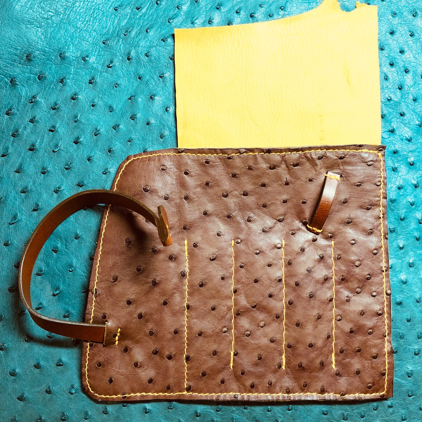 Ostrich Leather with Deerskin Lining, Pen Roll for 4 pens