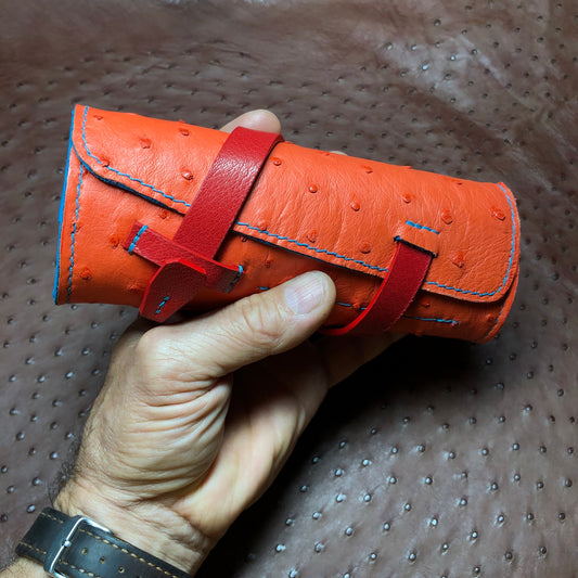 Ostrich Leather with Deerskin Lining, Pen Roll for 6 pens