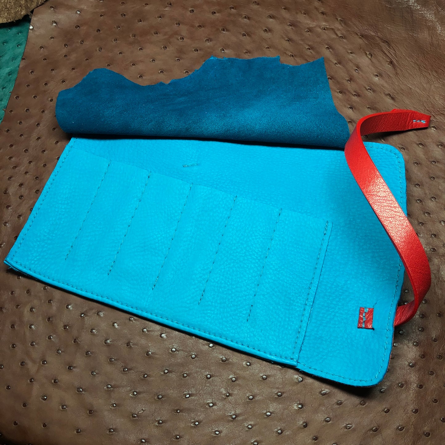 Ostrich Leather with Deerskin Lining, Pen Roll for 6 pens
