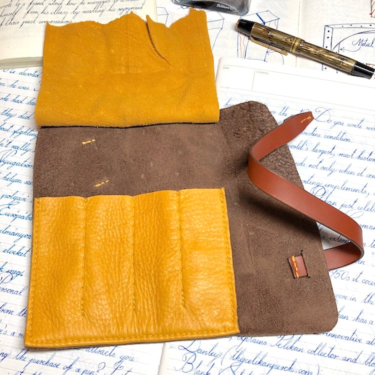 Fountain pen roll for 4 pens. Bison Leather pen wrap. Handmade leather pen holder.
