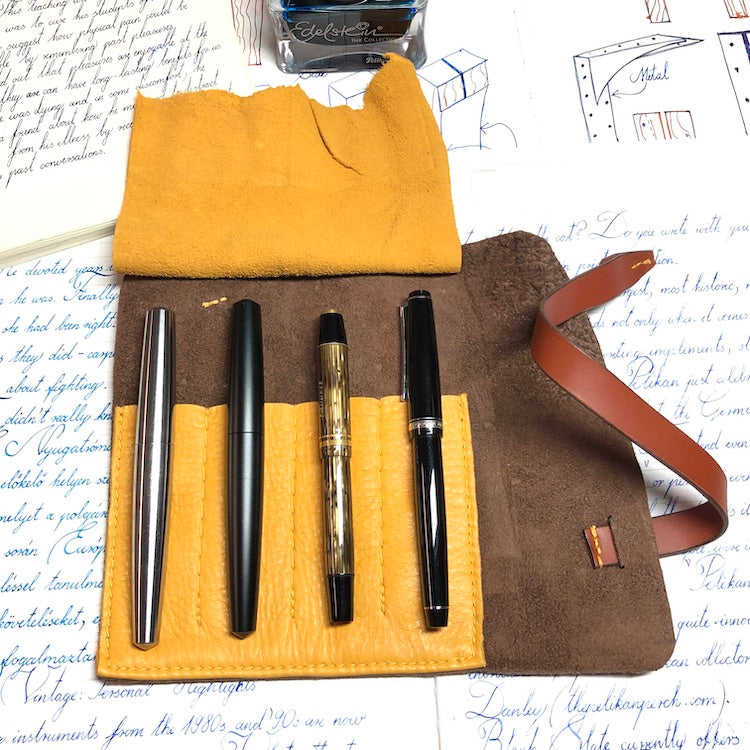 Fountain pen roll for 4 pens. Bison Leather pen wrap. Handmade leather pen holder.