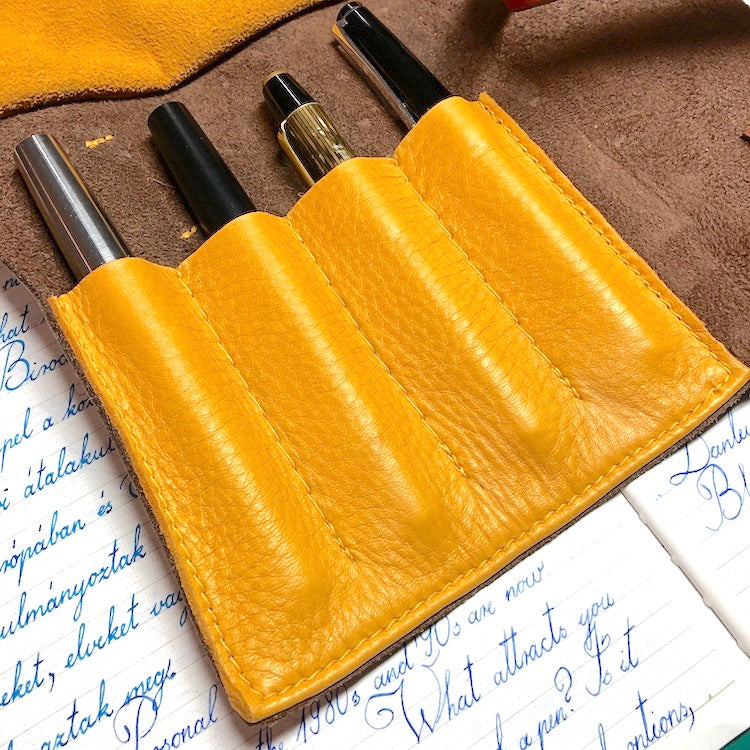 Best handmade pen wrap for 4 pens. Bison and deerskin leather pen case.