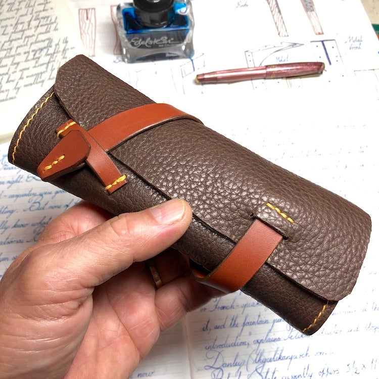 Best handmade pen wrap for 4 pens. Bison and deerskin leather pen case. Leather pen wrap.