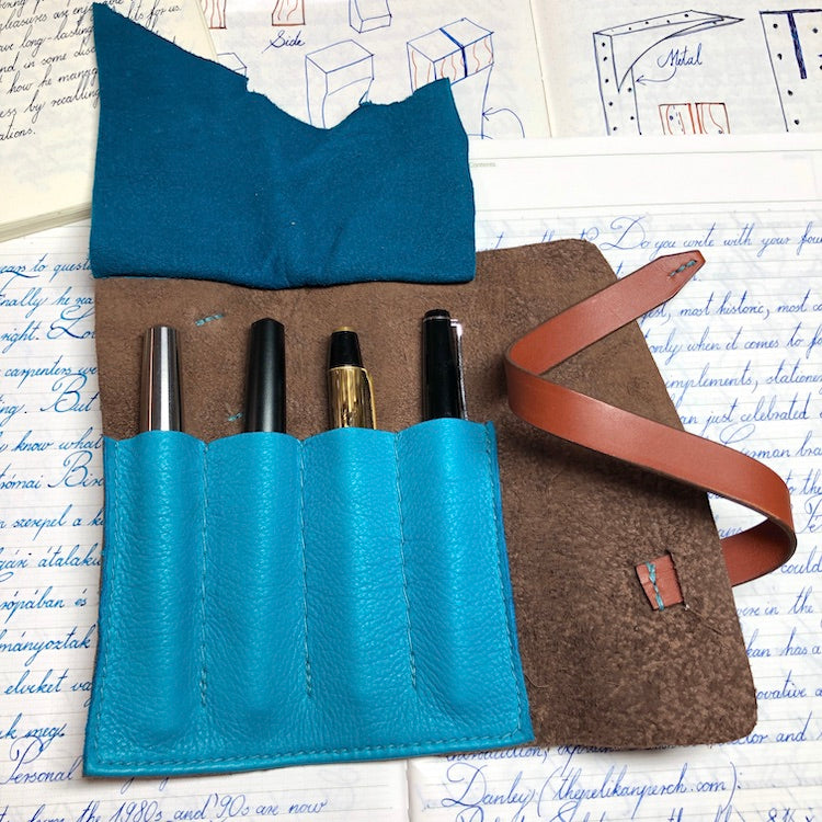 Best handmade pen roll for 4 pens. Bison and deerskin leather pen case. Leather pen wrap.